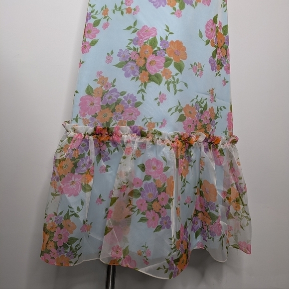 Vintage blue pink orange organza v neck puff sleeve ruffle neck maxi dress 10 - Picture 4 of 11